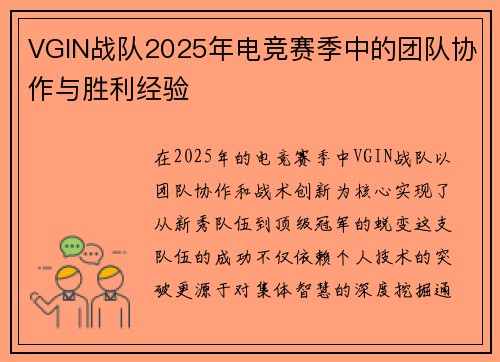 VGIN战队2025年电竞赛季中的团队协作与胜利经验